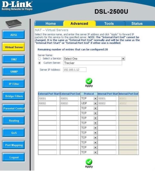  D-Link DSL-2500U | Меню проброса