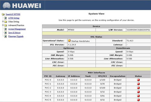 Huawei SmartAX MT800 | Меню модема